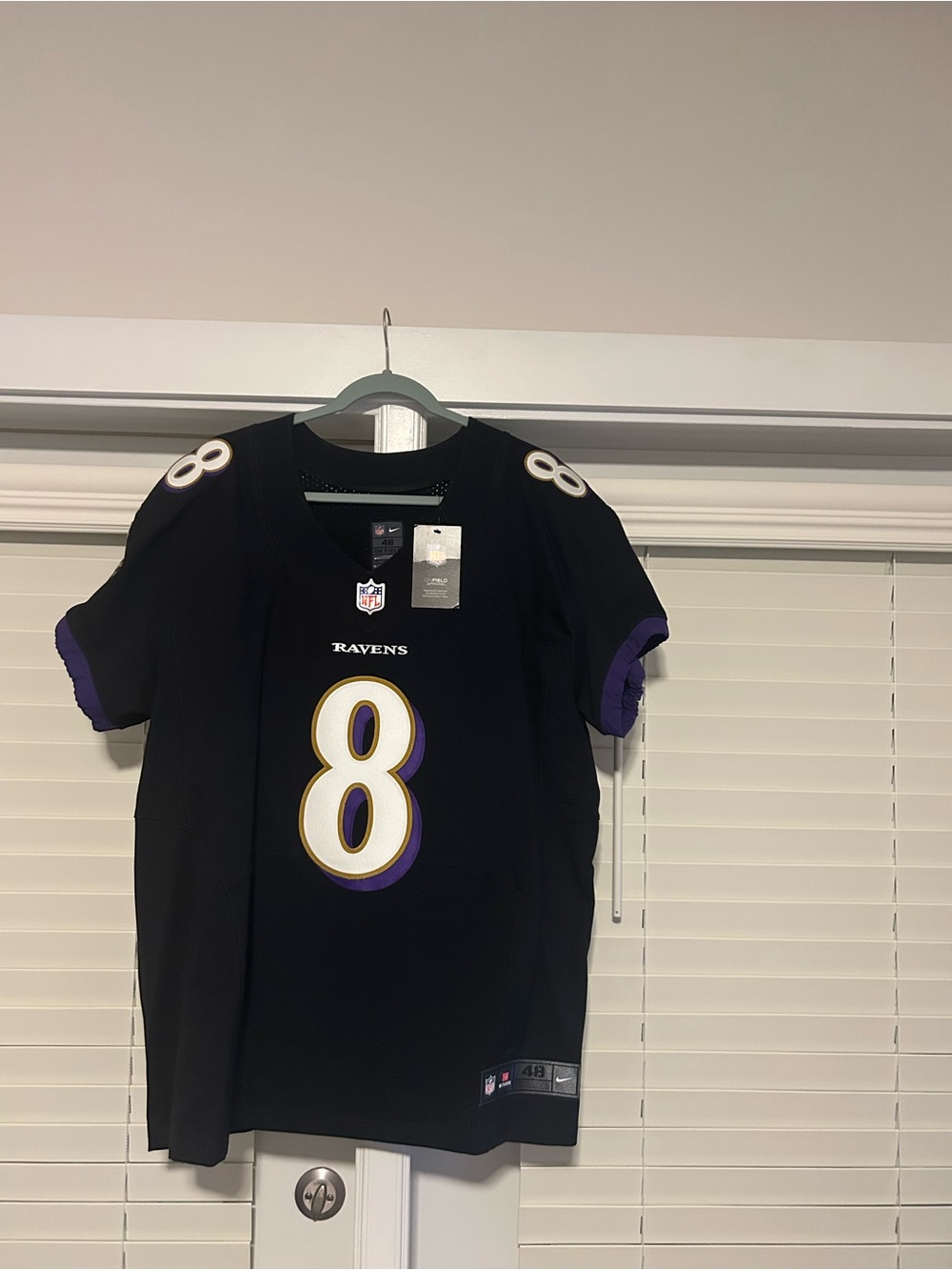 Nike Black and Purple Baltimore Ravens #8 Lamar Jackson Jersey.On the field